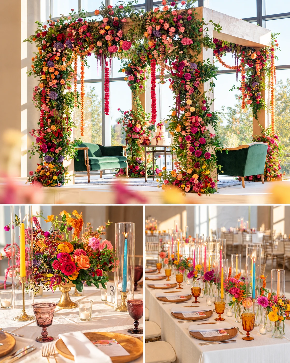 A floral mandap overflowing with pink, orange, purple, and red blooms, paired with emerald-green seating and reception tables styled with gold accents, colorful candles, and vibrant centerpieces.