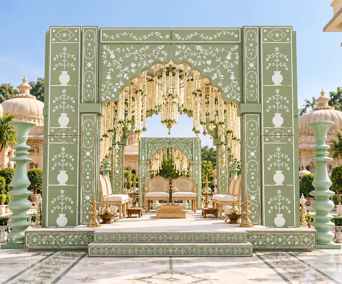A sage-green Mughal-inspired wedding mandap featuring elegant arches and intricate decorative details, creating a regal setting for an Indian wedding ceremony.