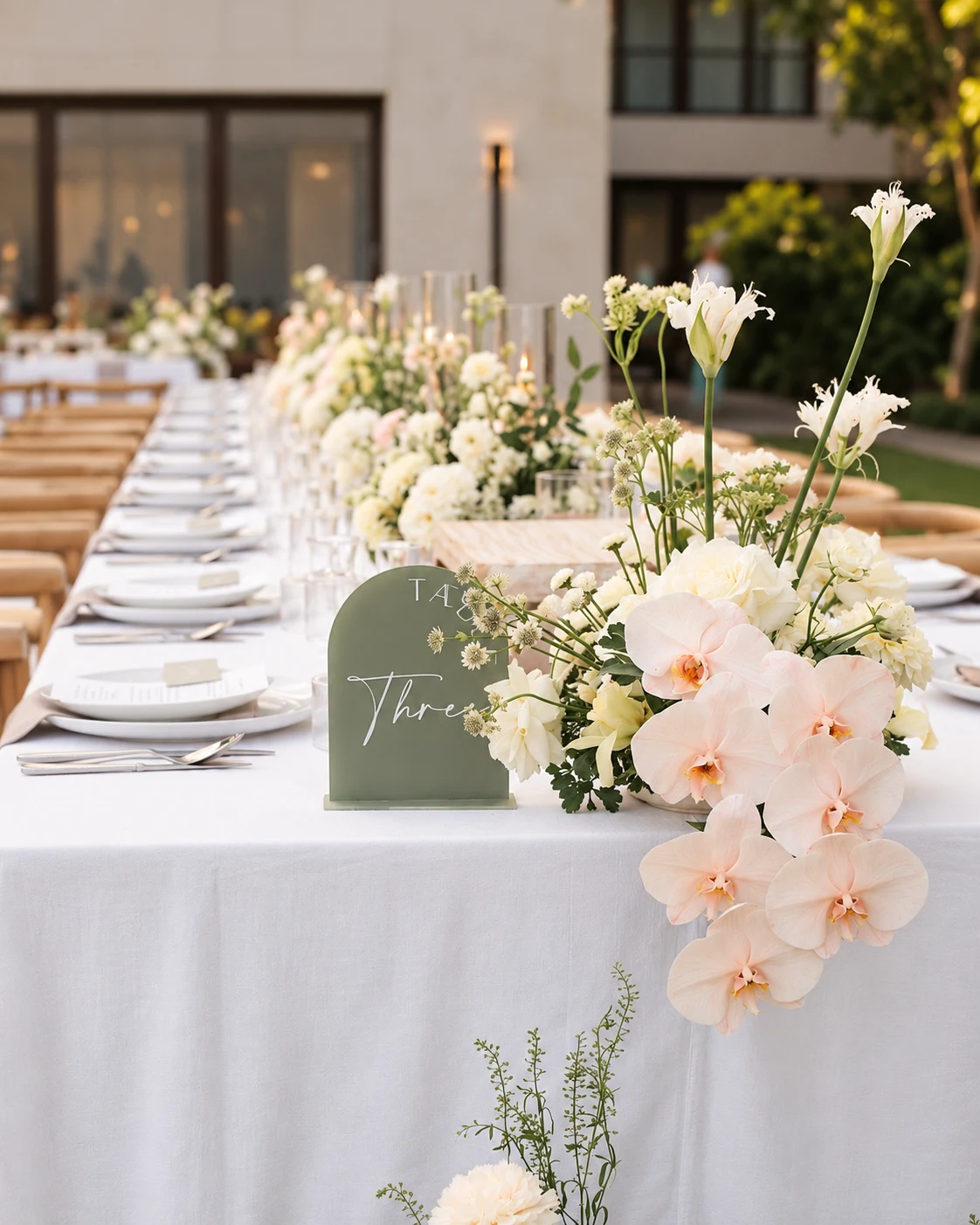 An outdoor reception tablescape featuring cascading blush orchids, ivory florals, delicate greenery, candlelight, and sage-green table numbers, paired with white linens and natural wood seating.